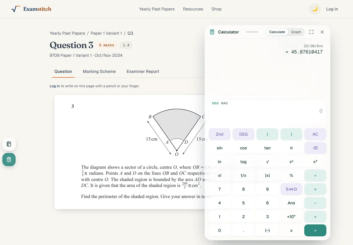 The calculator open over the question, with the answer worked out