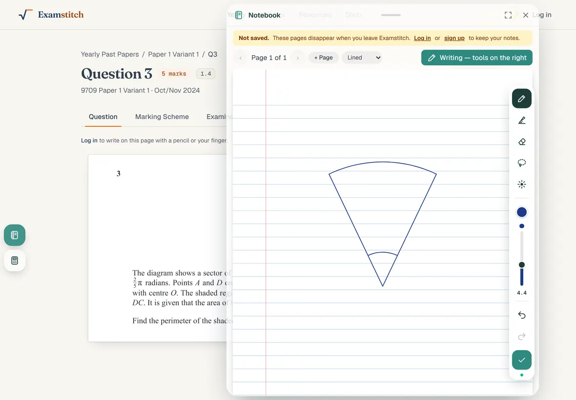 The notebook open over the question, with the sector sketched in it
